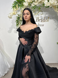 Black Wedding Dress with Fairytale Lace Corset | Satin Reception Gown | Boho Bridal Attire