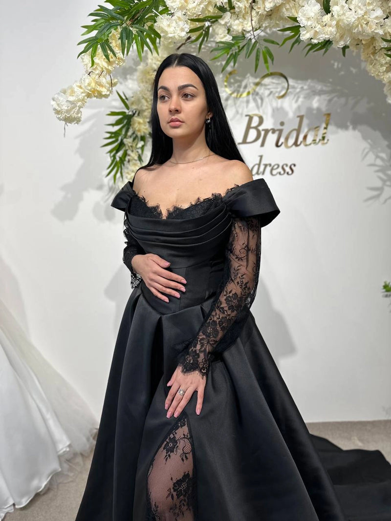 Black Wedding Dress with Fairytale Lace Corset | Satin Reception Gown | Boho Bridal Attire