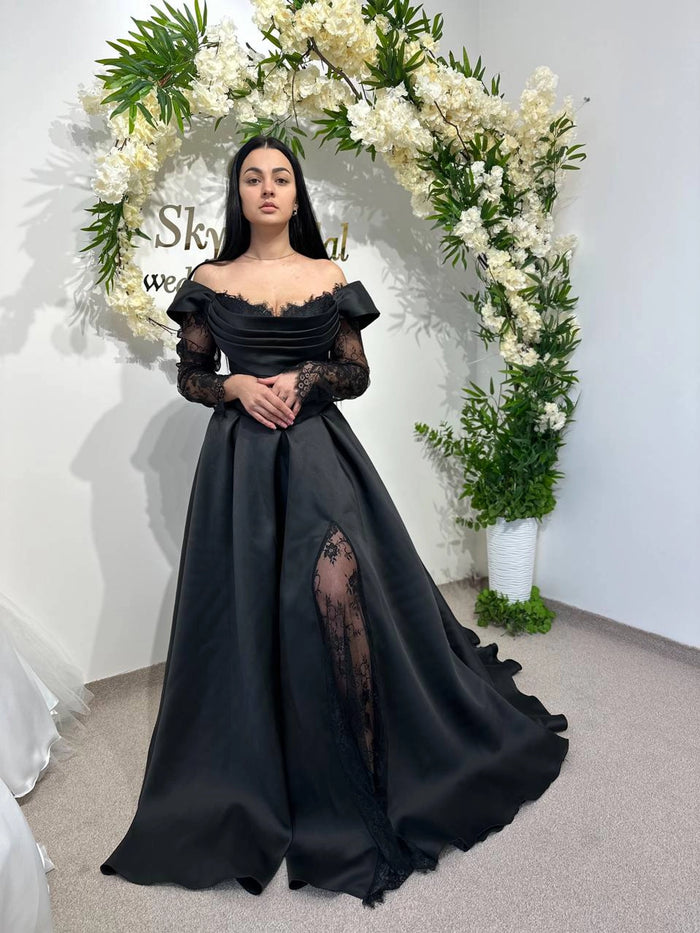 Black Wedding Dress with Fairytale Lace Corset | Satin Reception Gown | Boho Bridal Attire