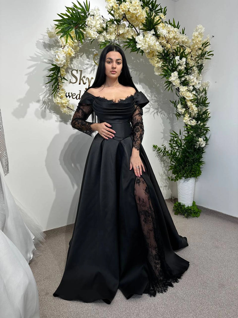 Black Wedding Dress with Fairytale Lace Corset | Satin Reception Gown | Boho Bridal Attire
