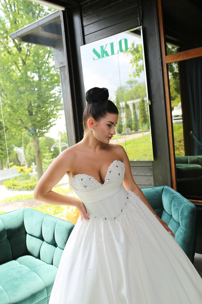 A-Line Bridal Dress with Corset | Silk Train Wedding Gown | Elegant Classic White Satin Dress