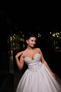 A-Line Bridal Dress with Corset | Silk Train Wedding Gown | Elegant Classic White Satin Dress