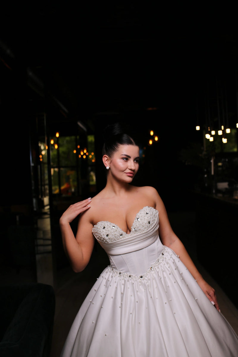A-Line Bridal Dress with Corset | Silk Train Wedding Gown | Elegant Classic White Satin Dress