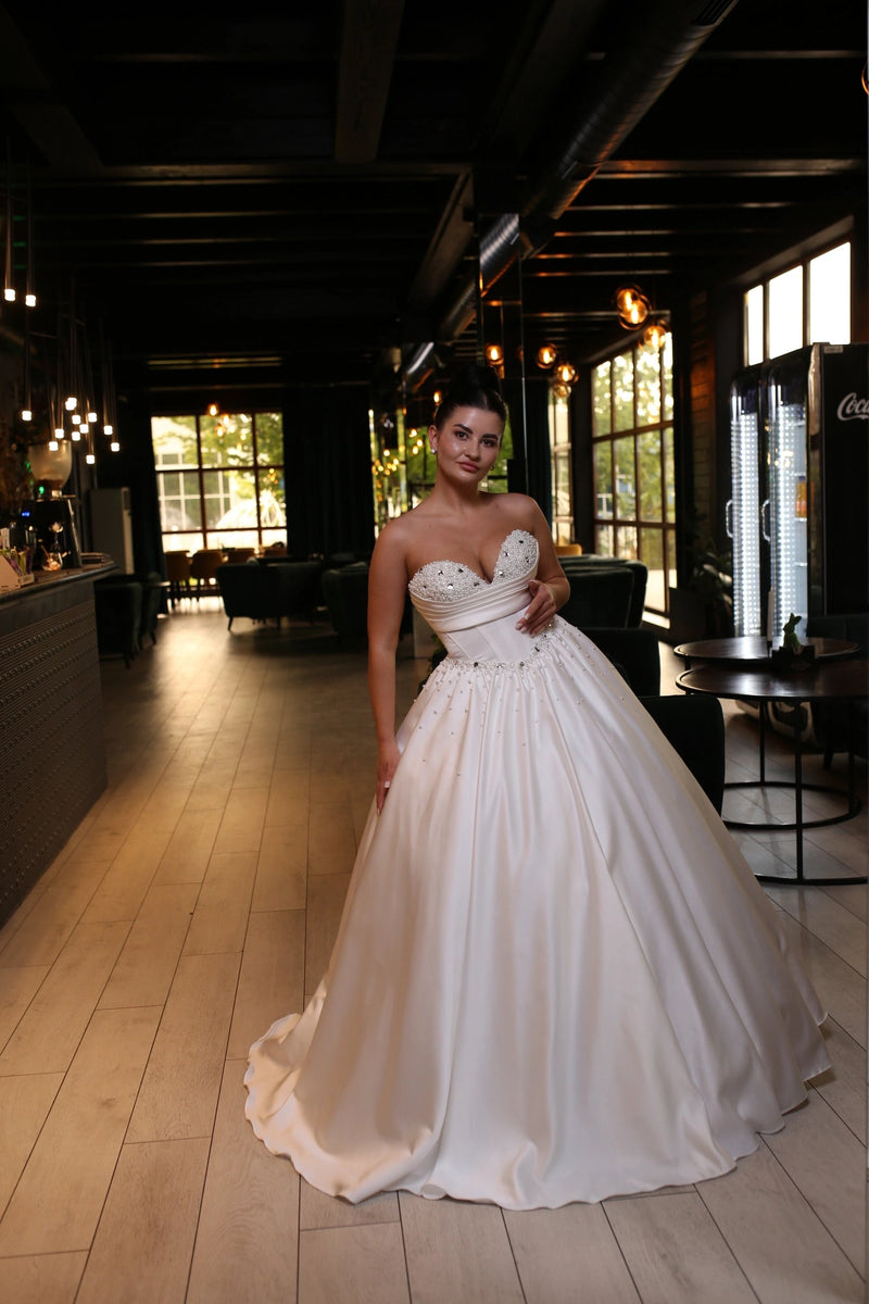 A-Line Bridal Dress with Corset | Silk Train Wedding Gown | Elegant Classic White Satin Dress