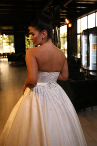 A-Line Bridal Dress with Corset | Silk Train Wedding Gown | Elegant Classic White Satin Dress