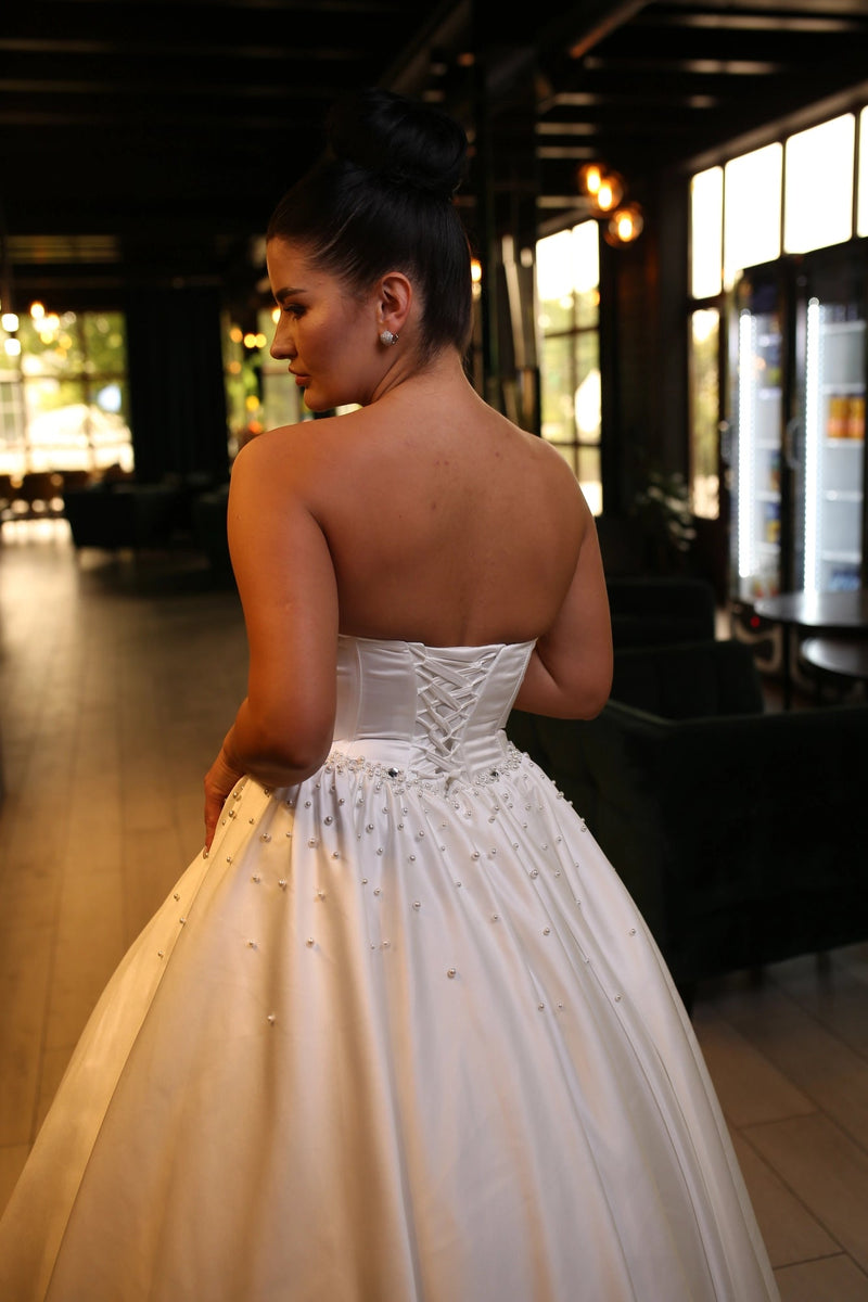 A-Line Bridal Dress with Corset | Silk Train Wedding Gown | Elegant Classic White Satin Dress
