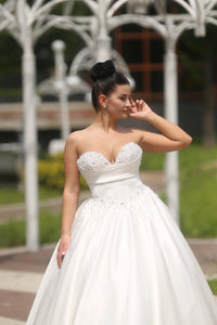 A-Line Bridal Dress with Corset | Silk Train Wedding Gown | Elegant Classic White Satin Dress