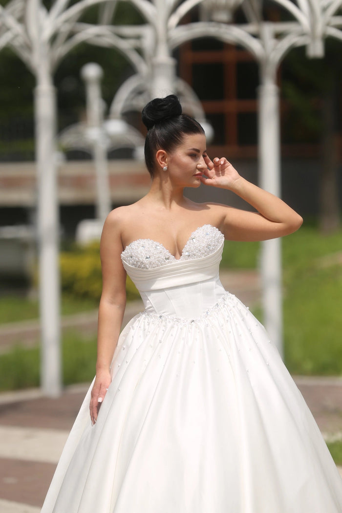 A-Line Bridal Dress with Corset | Silk Train Wedding Gown | Elegant Classic White Satin Dress