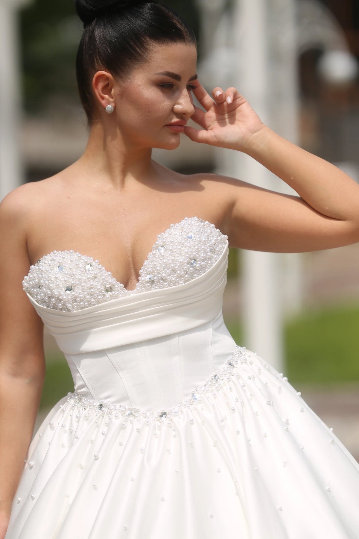 A-Line Bridal Dress with Corset | Silk Train Wedding Gown | Elegant Classic White Satin Dress