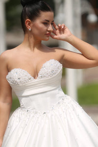 A-Line Bridal Dress with Corset | Silk Train Wedding Gown | Elegant Classic White Satin Dress