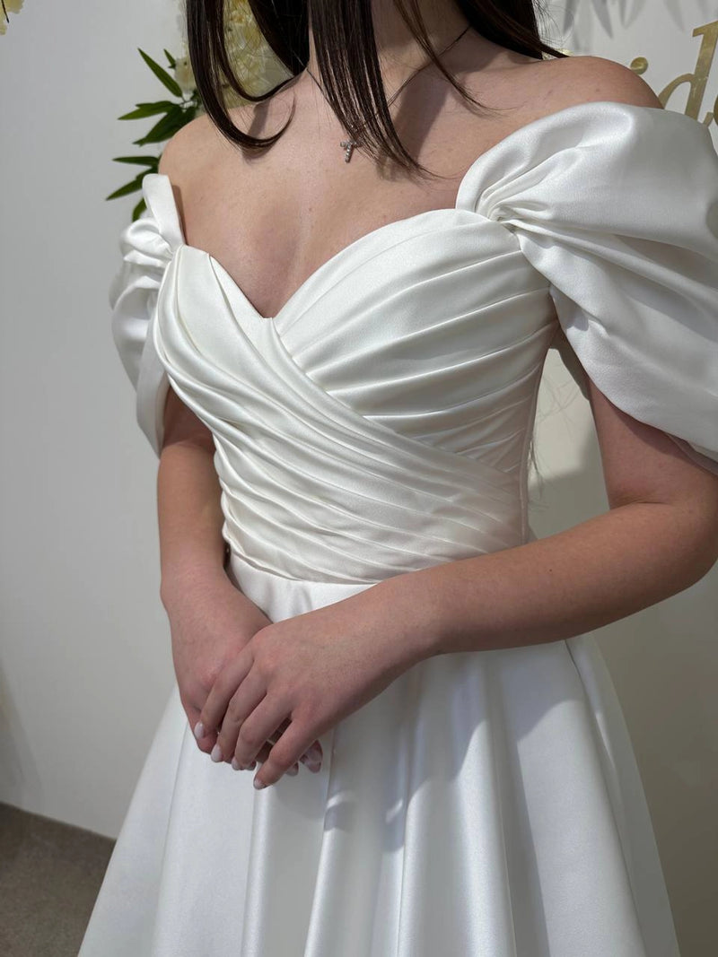 Silk Satin Off-the-Shoulder Wedding Dress | Corset Bridal Gown with Lace-Up & Draped Corset | Straight Pleated Skirt