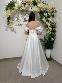 Silk Satin Off-the-Shoulder Wedding Dress | Corset Bridal Gown with Lace-Up & Draped Corset | Straight Pleated Skirt