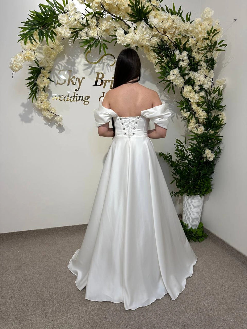 Silk Satin Off-the-Shoulder Wedding Dress | Corset Bridal Gown with Lace-Up & Draped Corset | Straight Pleated Skirt