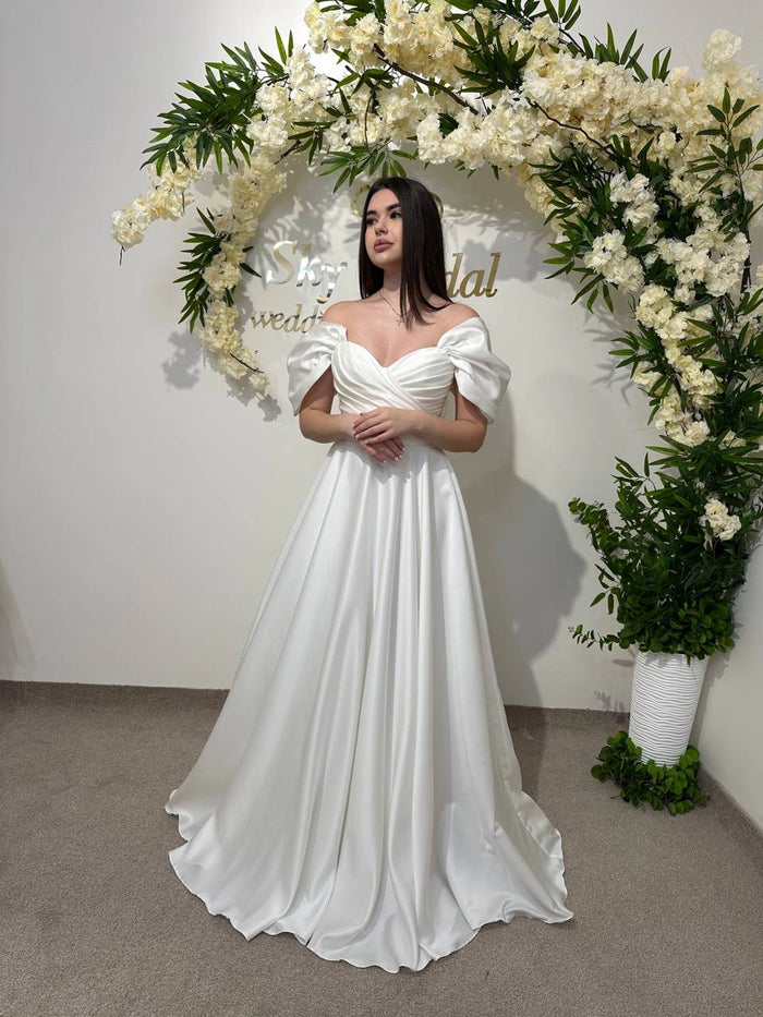 Silk Satin Off-the-Shoulder Wedding Dress | Corset Bridal Gown with Lace-Up & Draped Corset | Straight Pleated Skirt