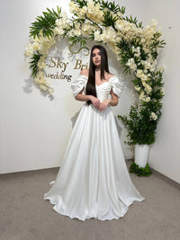 Silk Satin Off-the-Shoulder Wedding Dress | Corset Bridal Gown with Lace-Up & Draped Corset | Straight Pleated Skirt