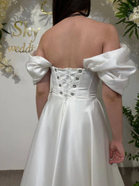 Silk Satin Off-the-Shoulder Wedding Dress | Corset Bridal Gown with Lace-Up & Draped Corset | Straight Pleated Skirt