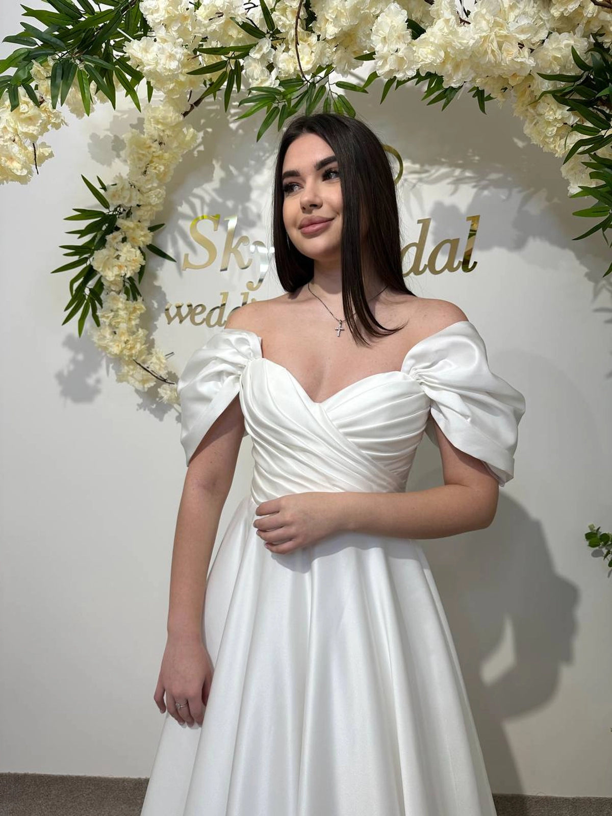 Silk Satin Off-the-Shoulder Wedding Dress | Corset Bridal Gown with Lace-Up & Draped Corset | Straight Pleated Skirt