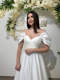 Silk Satin Off-the-Shoulder Wedding Dress | Corset Bridal Gown with Lace-Up & Draped Corset | Straight Pleated Skirt