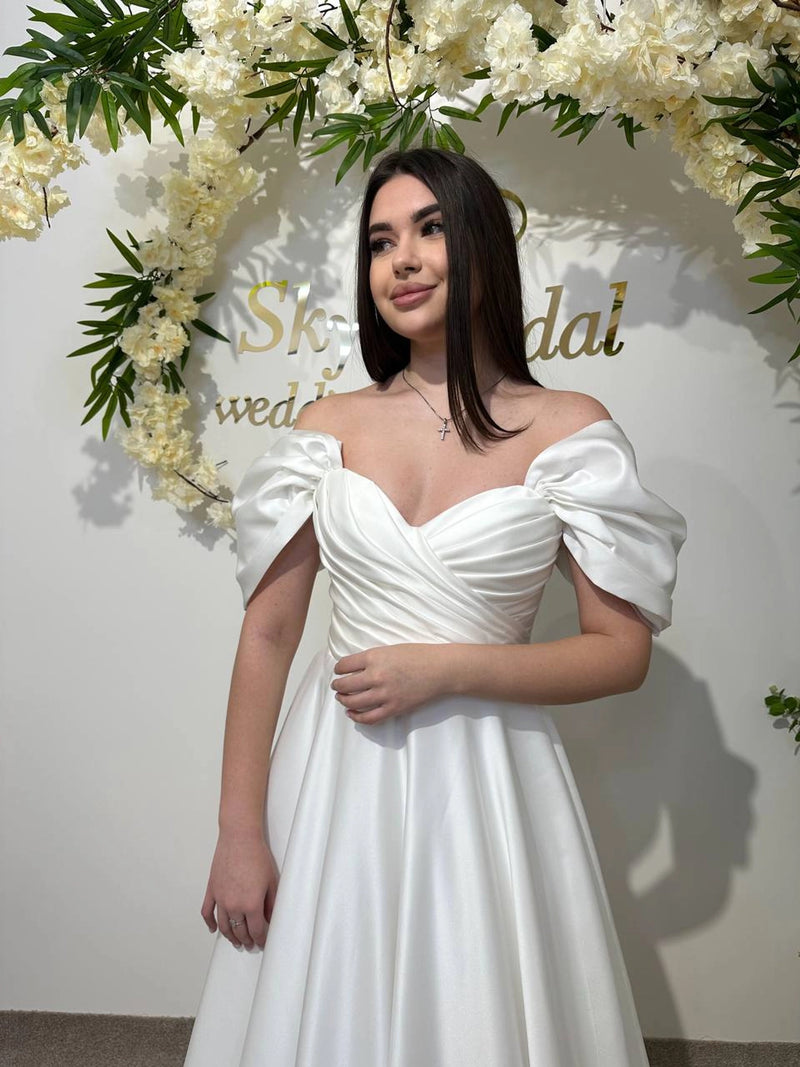 Silk Satin Off-the-Shoulder Wedding Dress | Corset Bridal Gown with Lace-Up & Draped Corset | Straight Pleated Skirt