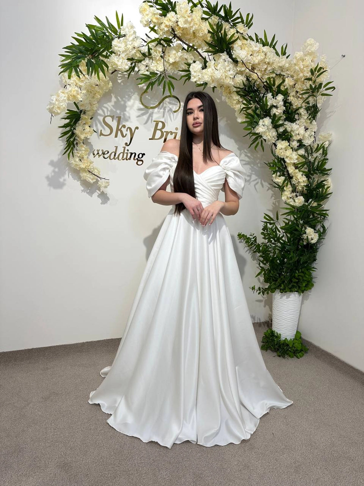 Silk Satin Off-the-Shoulder Wedding Dress | Corset Bridal Gown with Lace-Up & Draped Corset | Straight Pleated Skirt