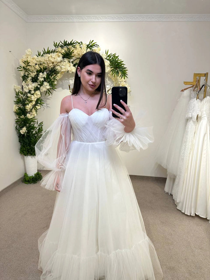 Elegant Translucent Corset Wedding Dress | Unique Flowy Bridal Gown | Custom Fairytale Dress with Drawstring Back