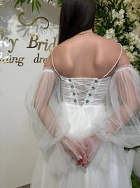 Elegant Translucent Corset Wedding Dress | Unique Flowy Bridal Gown | Custom Fairytale Dress with Drawstring Back