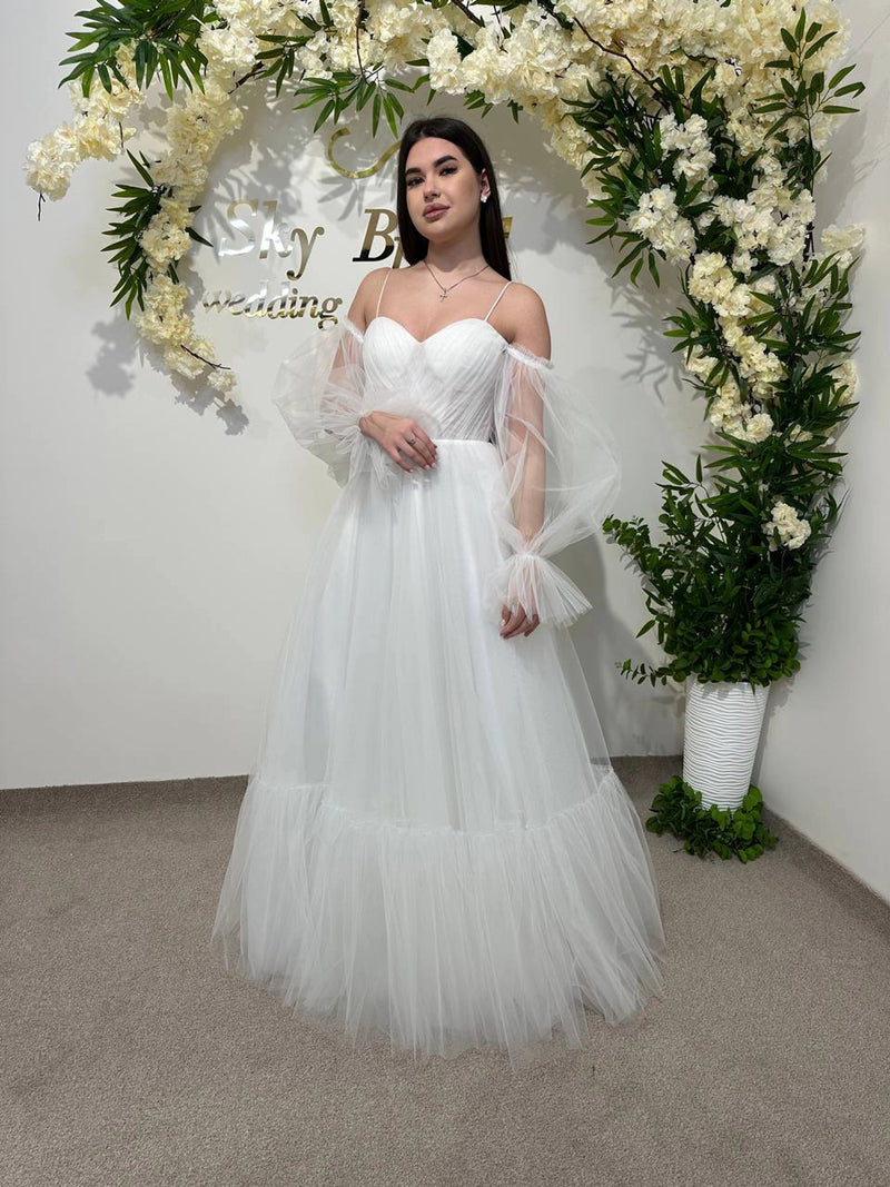 Elegant Translucent Corset Wedding Dress | Unique Flowy Bridal Gown | Custom Fairytale Dress with Drawstring Back