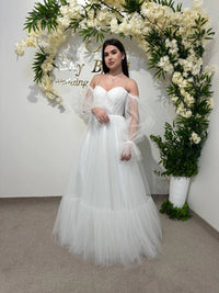 Elegant Translucent Corset Wedding Dress | Unique Flowy Bridal Gown | Custom Fairytale Dress with Drawstring Back