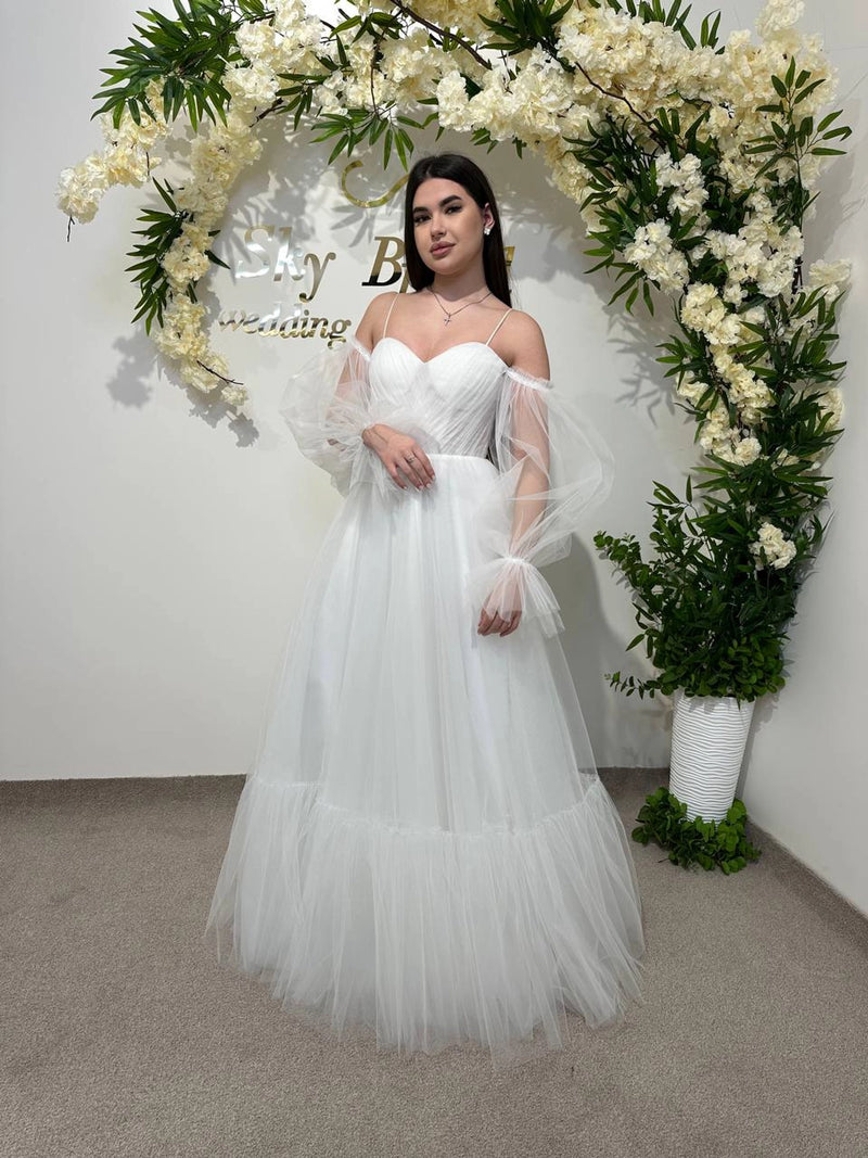 Elegant Translucent Corset Wedding Dress | Unique Flowy Bridal Gown | Custom Fairytale Dress with Drawstring Back