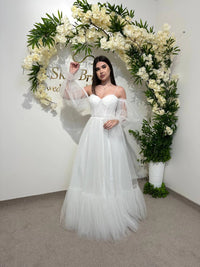Elegant Translucent Corset Wedding Dress | Unique Flowy Bridal Gown | Custom Fairytale Dress with Drawstring Back