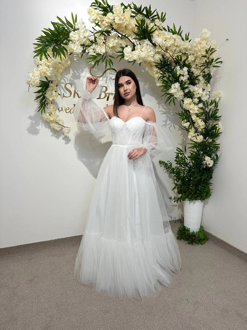 Elegant Translucent Corset Wedding Dress | Unique Flowy Bridal Gown | Custom Fairytale Dress with Drawstring Back