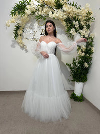 Elegant Translucent Corset Wedding Dress | Unique Flowy Bridal Gown | Custom Fairytale Dress with Drawstring Back