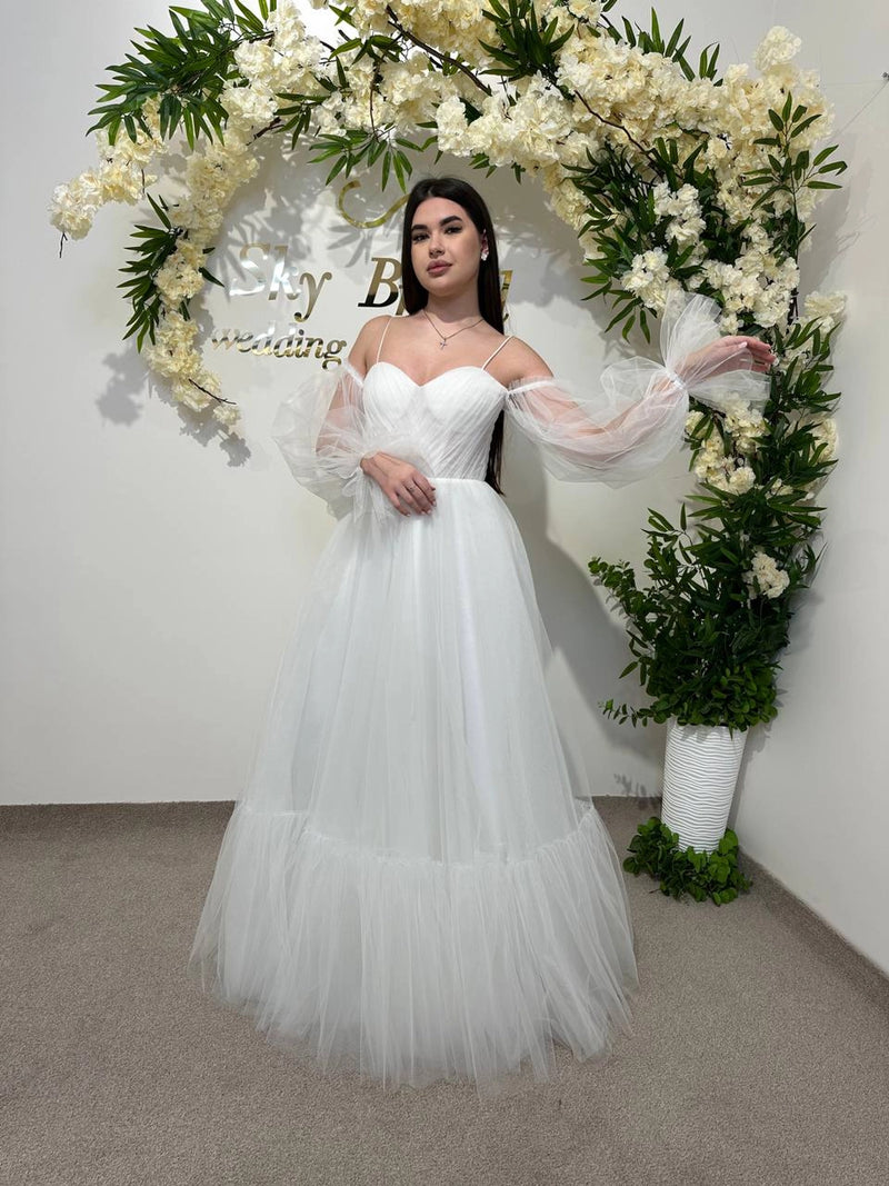 Elegant Translucent Corset Wedding Dress | Unique Flowy Bridal Gown | Custom Fairytale Dress with Drawstring Back