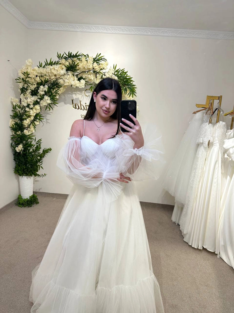 Elegant Translucent Corset Wedding Dress | Unique Flowy Bridal Gown | Custom Fairytale Dress with Drawstring Back