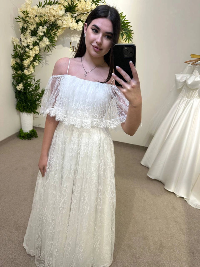 Draped Skirt Wedding Dress with French Chantilly Lace | Gathered Bodice Bridal Gown