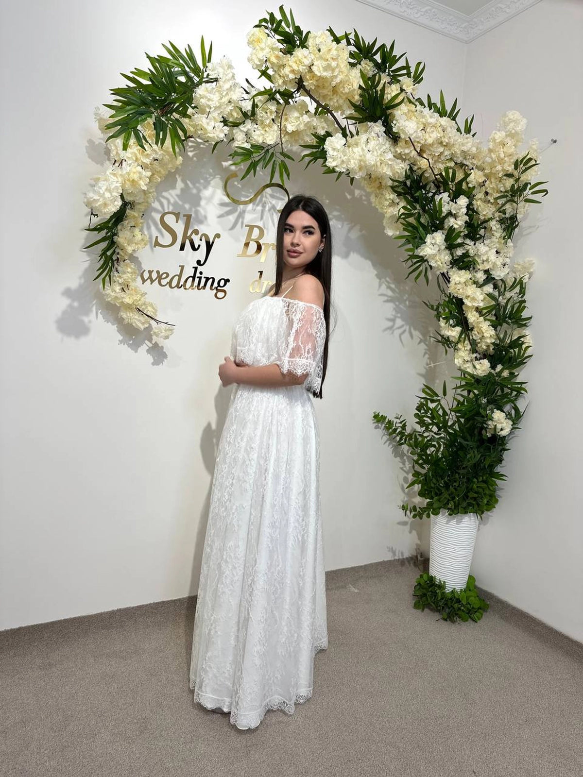 Draped Skirt Wedding Dress with French Chantilly Lace | Gathered Bodice Bridal Gown
