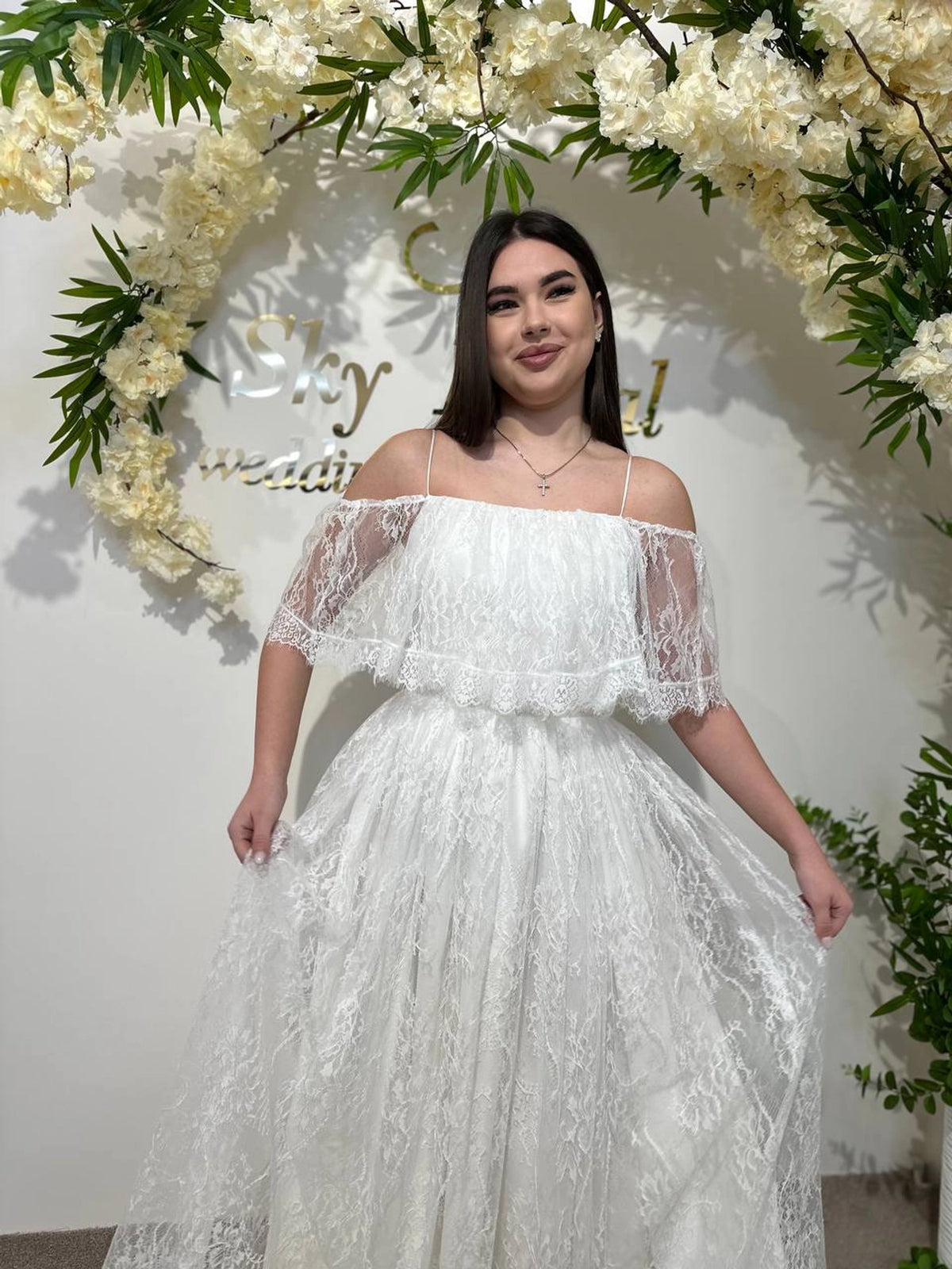 Draped Skirt Wedding Dress with French Chantilly Lace | Gathered Bodice Bridal Gown