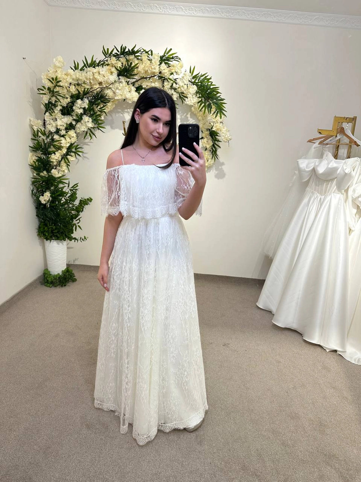 Draped Skirt Wedding Dress with French Chantilly Lace | Gathered Bodice Bridal Gown