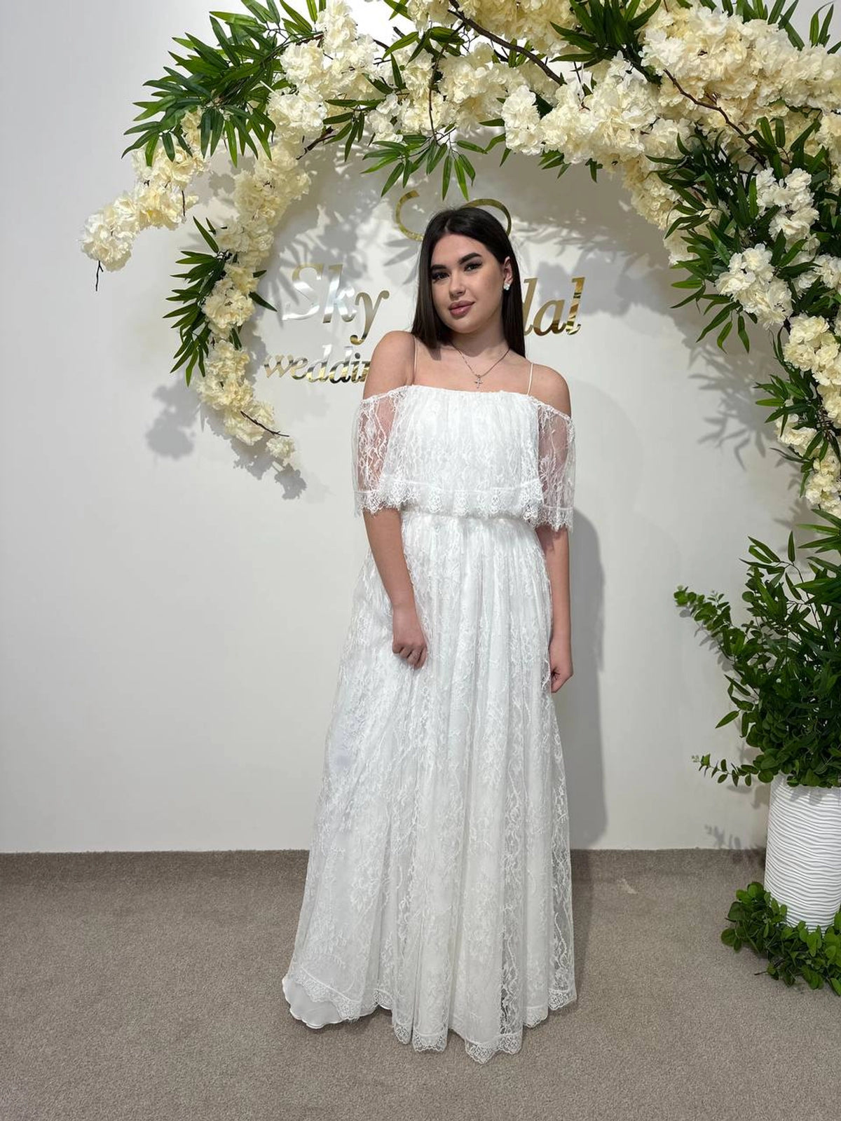Draped Skirt Wedding Dress with French Chantilly Lace | Gathered Bodice Bridal Gown