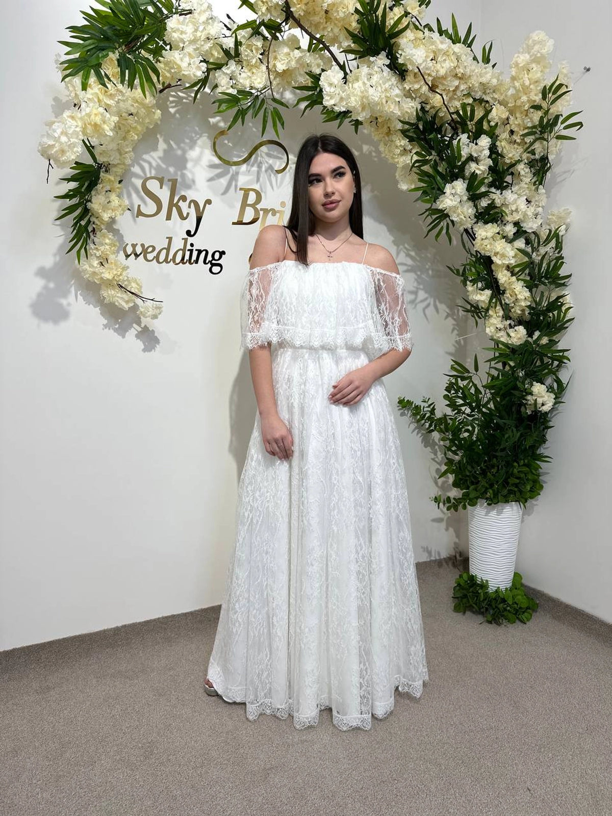 Draped Skirt Wedding Dress with French Chantilly Lace | Gathered Bodice Bridal Gown
