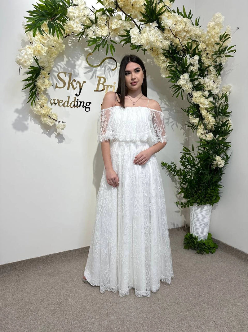 Draped Skirt Wedding Dress with French Chantilly Lace | Gathered Bodice Bridal Gown