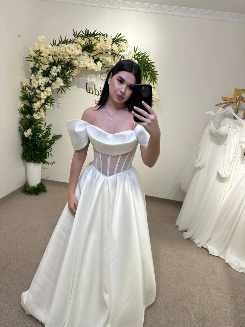 Bridal Gown with Velvet Stripes | Draped Top & Shoulder Straps | Unique Wedding Dress for Special Occasions
