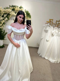 Bridal Gown with Velvet Stripes | Draped Top & Shoulder Straps | Unique Wedding Dress for Special Occasions