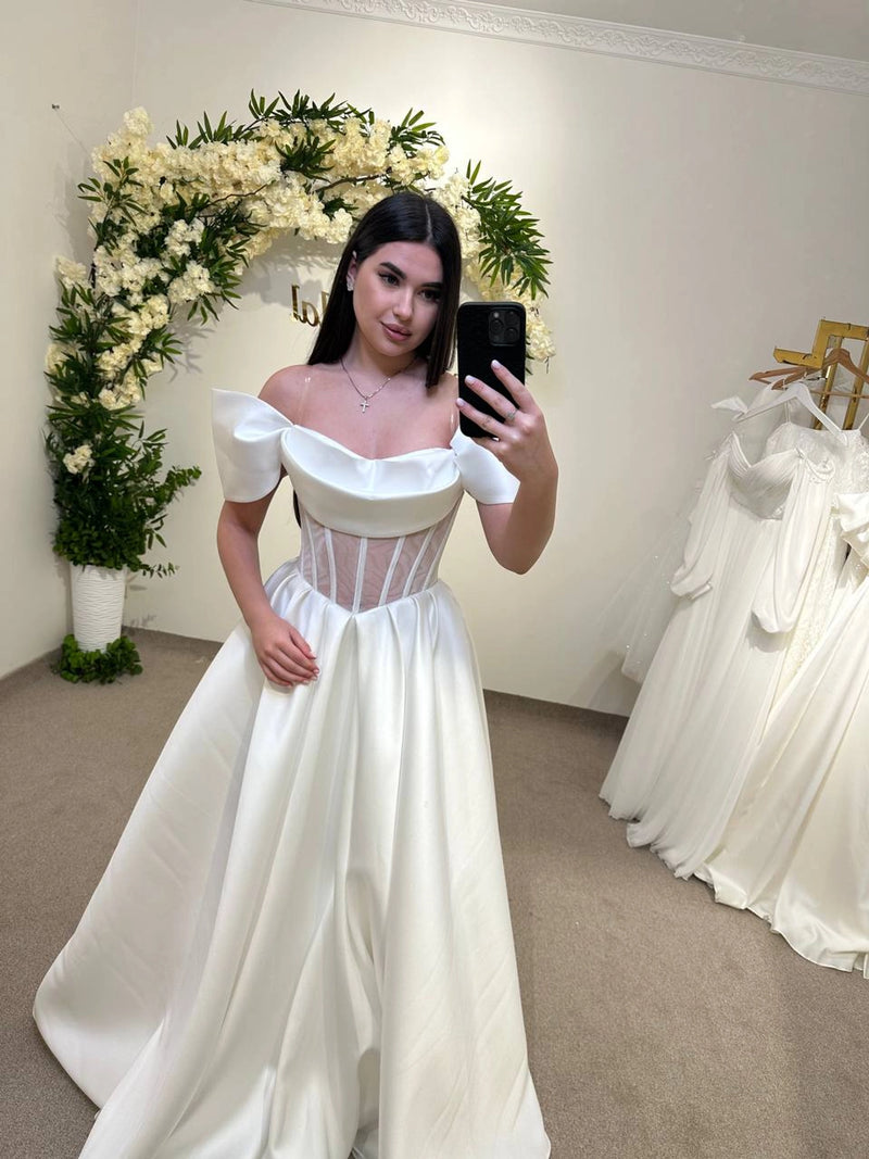 Bridal Gown with Velvet Stripes | Draped Top & Shoulder Straps | Unique Wedding Dress for Special Occasions