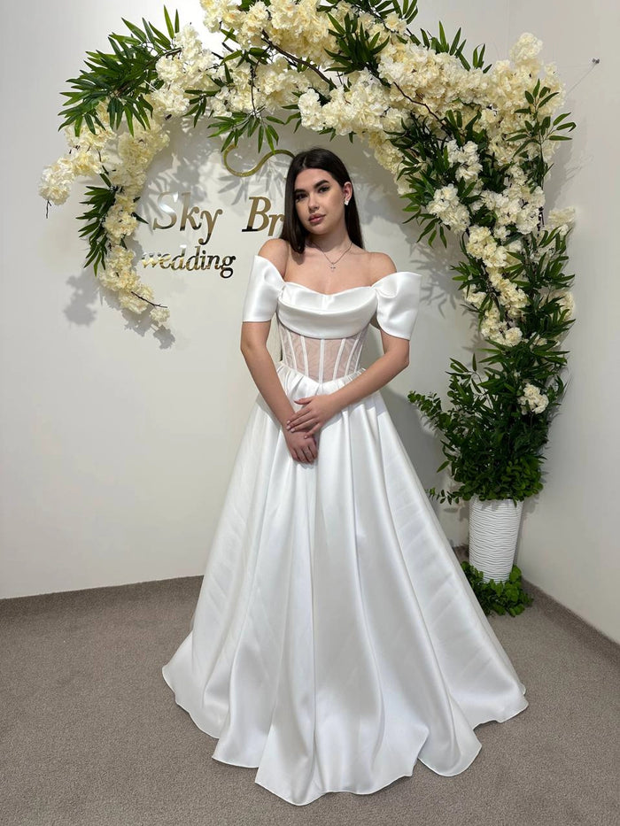 Bridal Gown with Velvet Stripes | Draped Top & Shoulder Straps | Unique Wedding Dress for Special Occasions