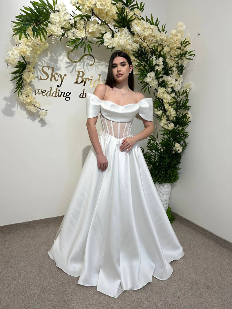 Bridal Gown with Velvet Stripes | Draped Top & Shoulder Straps | Unique Wedding Dress for Special Occasions