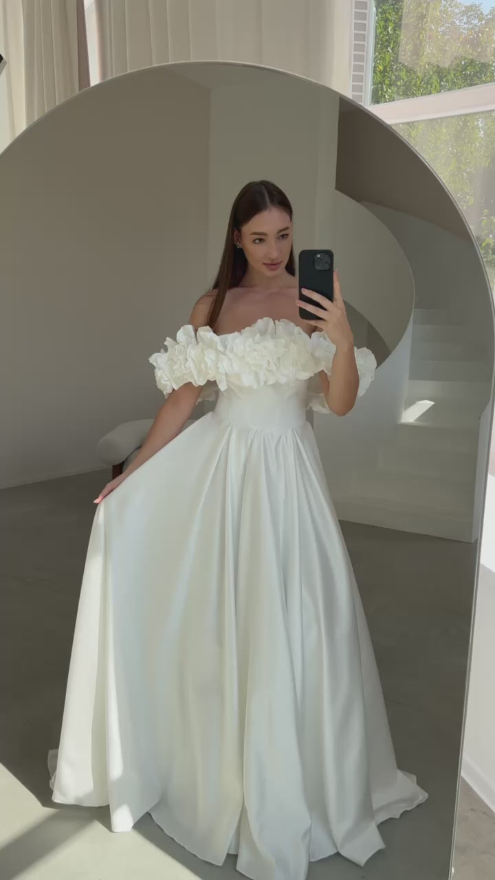 Elegant Satin Wedding Dress with Floral Details | Romantic Bridesmaid Attire