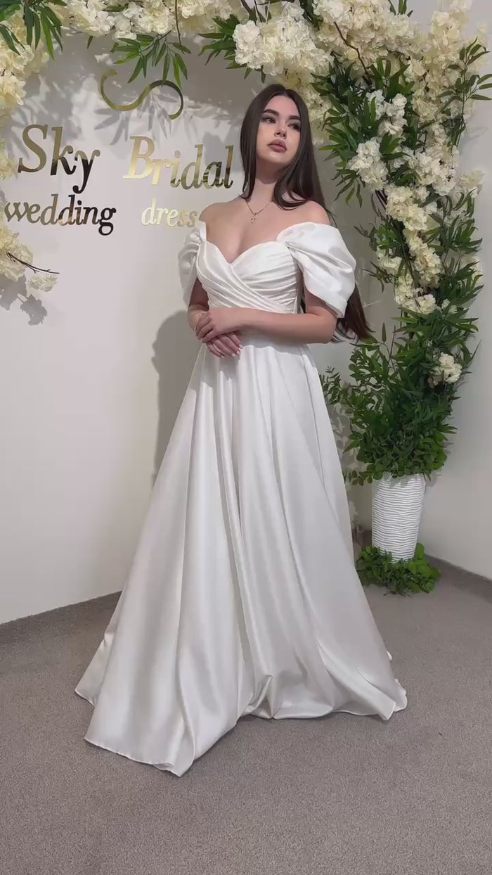 Silk Satin Off-the-Shoulder Wedding Dress | Corset Bridal Gown with Lace-Up & Draped Corset | Straight Pleated Skirt