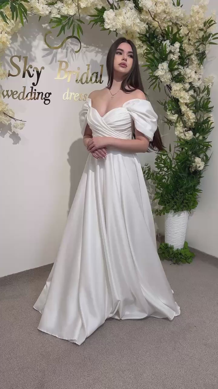 Silk Satin Off-the-Shoulder Wedding Dress | Corset Bridal Gown with Lace-Up & Draped Corset | Straight Pleated Skirt