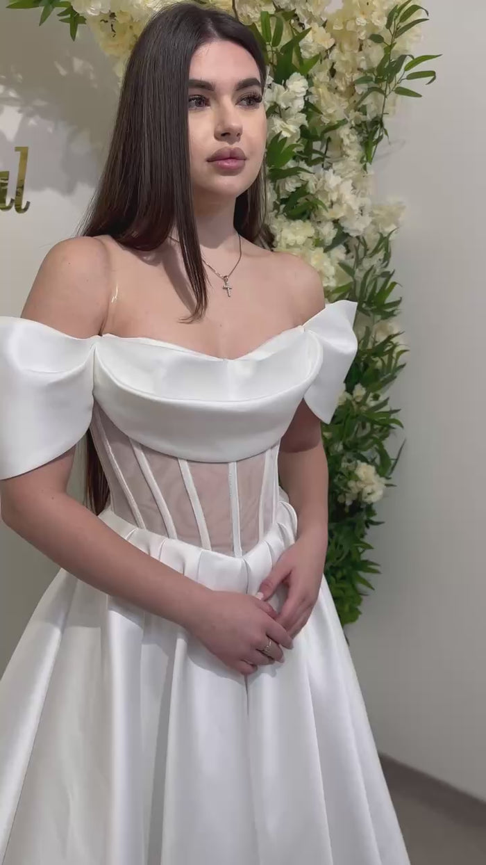 Bridal Gown with Velvet Stripes | Draped Top & Shoulder Straps | Unique Wedding Dress for Special Occasions